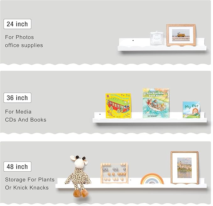 Fun Memories Picture Ledge Shelf for Wall, 36 inch Pine Wood Nursery Book Shelves Set of 2- Wall Book Shelves for Kids Room, Home Decor - Kitchen Spice-White