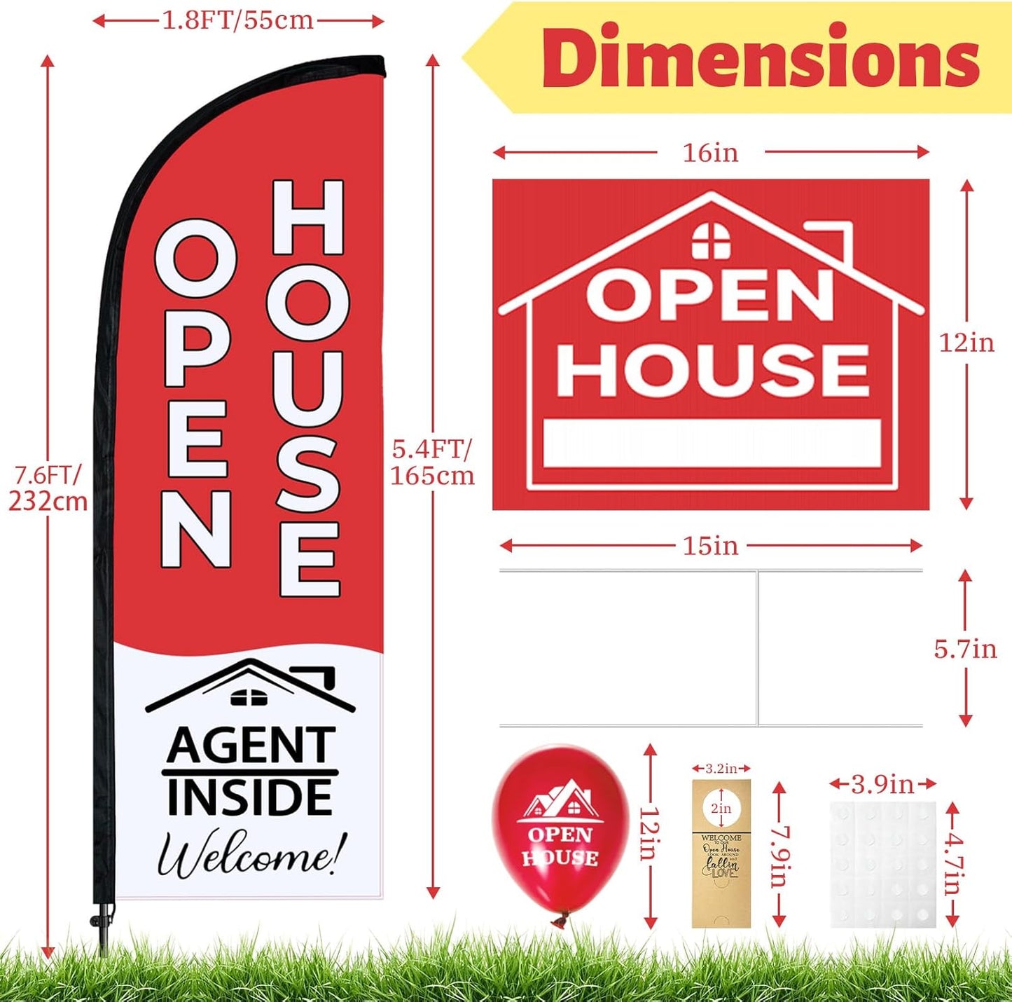 44 Pcs Open House Signs for Real Estate Agent Supplies, Double Sided Open House Flag with Poles Kit, 7.6 x 5.4 Ft Red Opening Sign Banner Set, 5 Pack Yard Signs with Metal Stakes 30 Balloons
