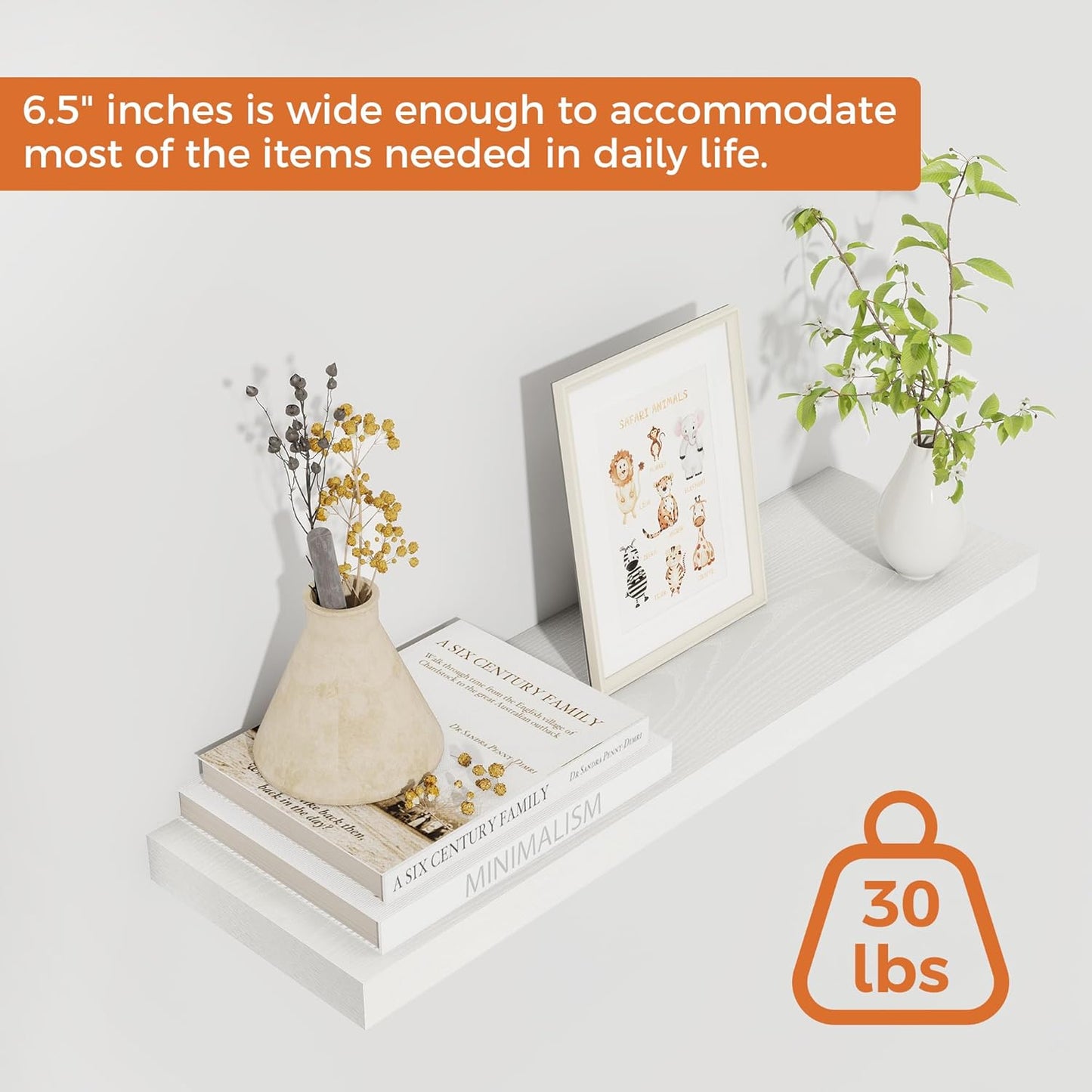 Fun Memories Floating Shelves for Wall, 22.5" Rustic Wood Deep Wall Mounted Shelves with Invisible Brackets for Decor & Storage, Floating Shelf for Living Room, Bathroom (White, Set of 2)