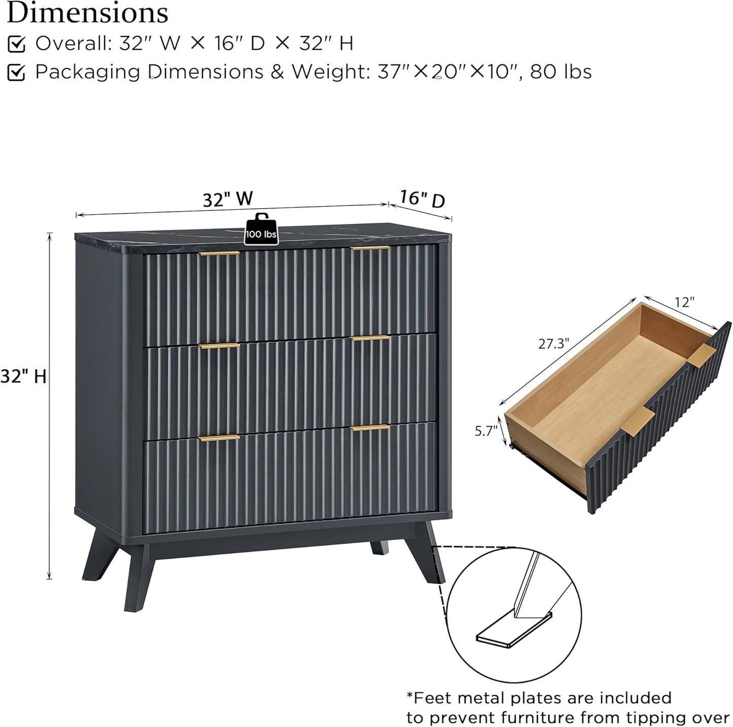 T4TREAM 32" Tall Fluted Nightstand, Modern Side Table with Faux Marble Top, 3 Drawers End Table w/Storage, Bedside Table for Bedroom, Living Room, Curved Profile Design, Dark Grey