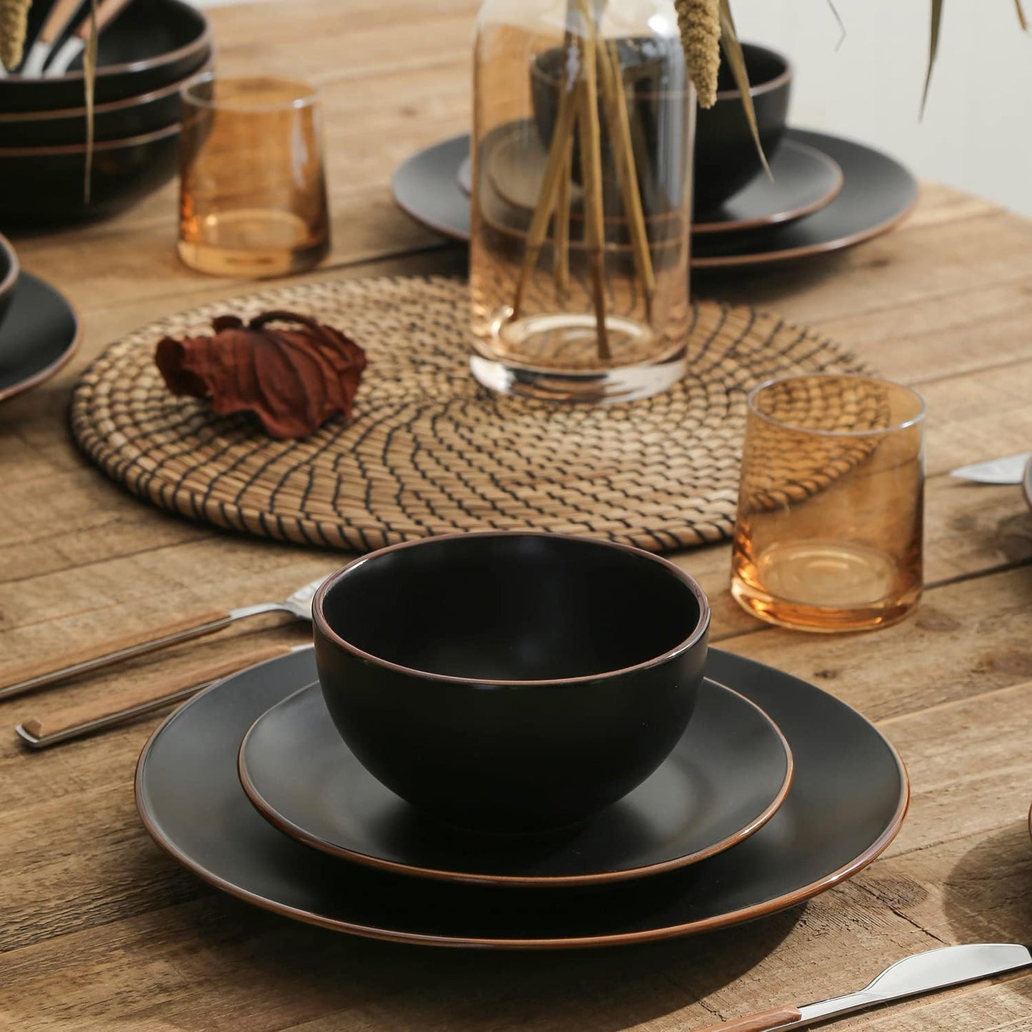 Stone Lain Brasa Stoneware 32 Piece Dinnerware, Plates and Bowls Sets for 8, Black, Glossy Rustic-Chic Design, Microwave & Dishwasher Safe