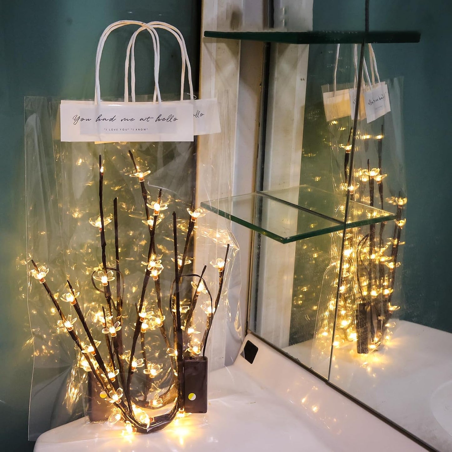 3Pack Battery Lighted Cherry Blossom Branches Lights with Clear Plastic Bag for Hanging Decor, 27.5inch 60 LED Flower Lamp Twig Sticks for Vase Filler of Home Christmas Valentines Day Decoration