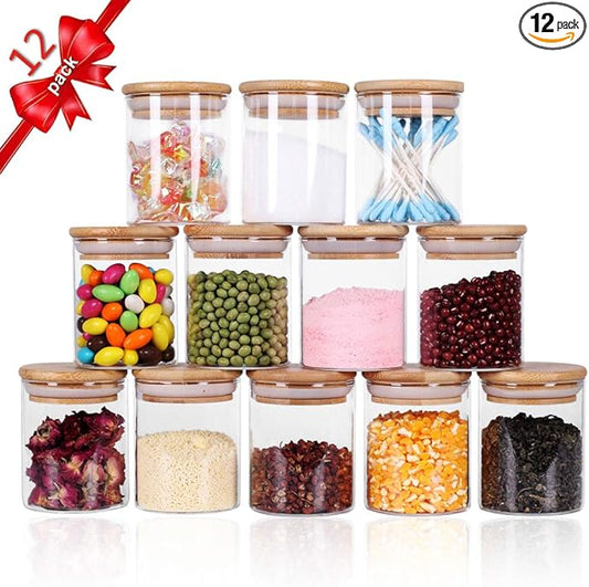 Glass Jars Set,Upgrade Spice Jars with Wood Airtight Lids and Labels, 6oz 12 Piece Small Food Storage Containers for Home Kitchen, Tea, Herbs, Sugar, Salt, Coffee, Flour, Herbs, Grains…