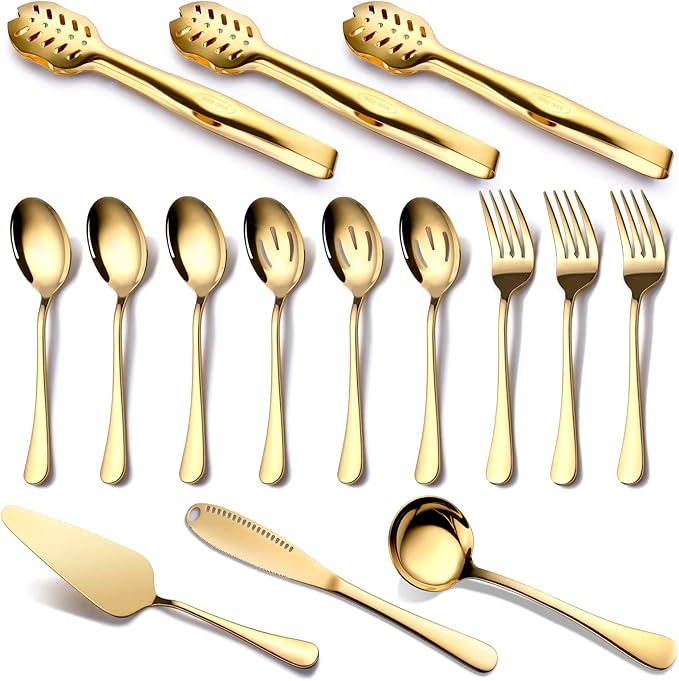 Gold Serving Utensils, OGORI 15-Piece Stainless Steel Gold Serving Utensils Set Include Serving Spoons, Slotted Serving Spoons, Serving Tongs, Serving Forks, Butter Knife, Soup Ladle, Pie Server