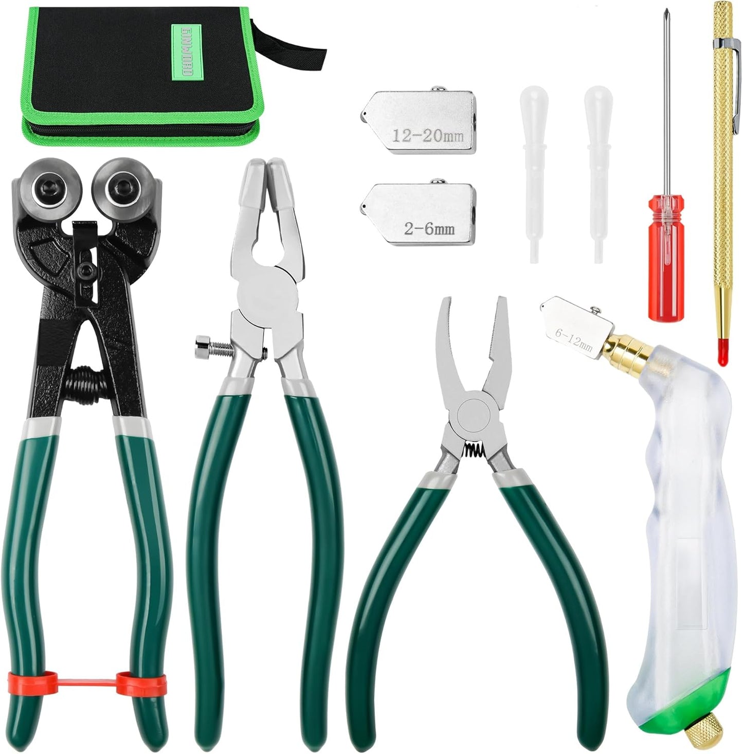 10Pcs Heavy Duty Glass Cutters Tools Kit, Wheeled Glass Tile Nippers Glass Running Breaking Pliers, Breaker Grozer Pliers with Curved Jaws, for Stained Glass, Mosaics, Fusing, Breaking