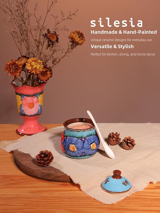 silesia Handmade Sugar Bowl with Lid and Spoon, 9 Ounce Ceramic Hand-Painted Sugar Jar for Home in Gift Box, Kitchen Decor, Oven, Dishwasher & Microwave Safe, Glazed Blue