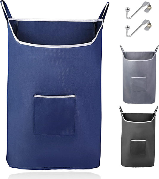 Fine Living Co. Large Hanging Laundry Hamper with Over Door Hooks & Adhesive, Durable Space Saving Laundry Bag with Zipper and Wide Open Top, Hanging Dorm Laundry Hamper (Navy Blue-XL)