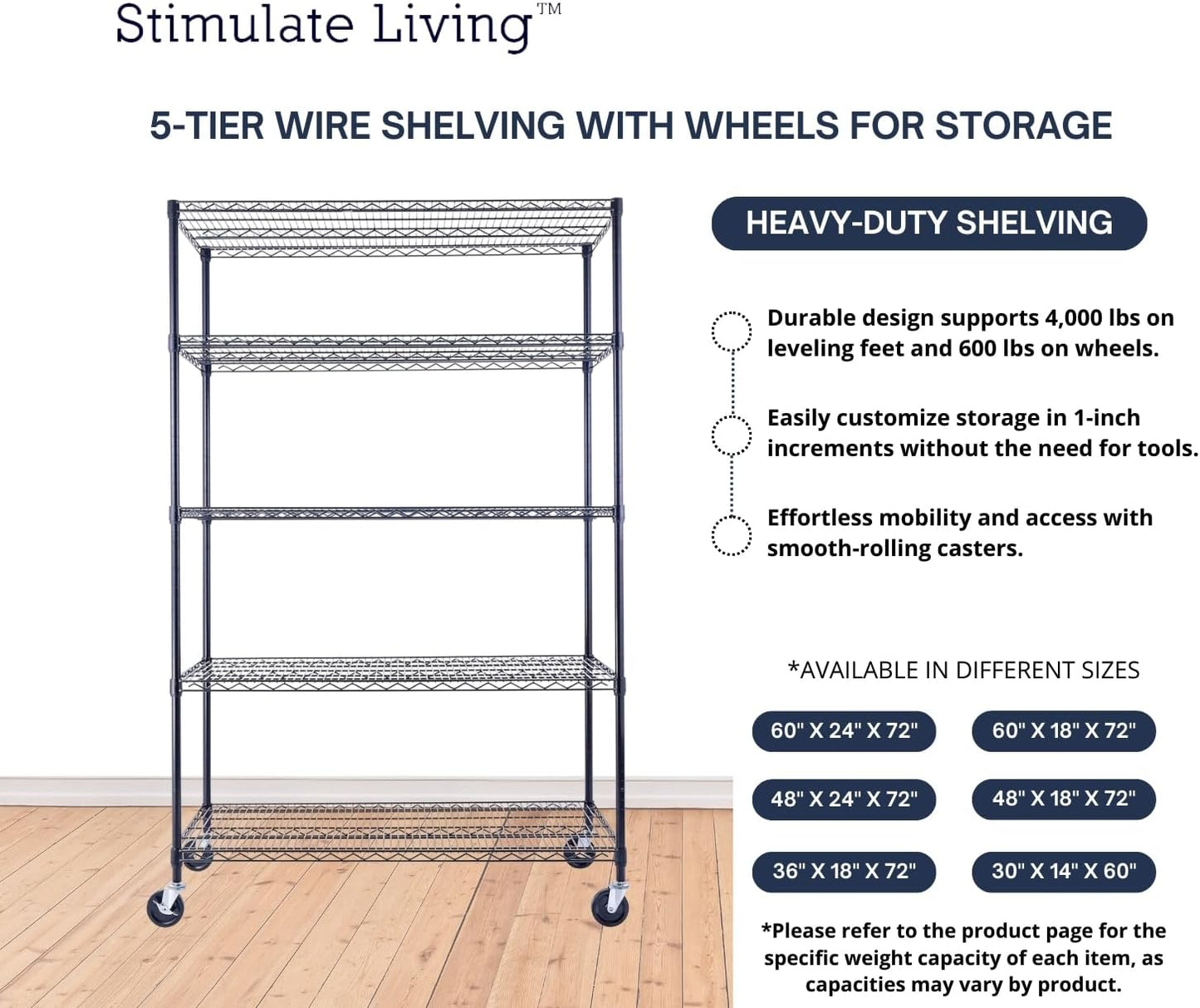 48"x24"x72" Prime Heavy Duty Black 5-Tier Steel Wire Shelving NSF 4000 LBS MAX Capacity Storage Rack for Commercial, School, Home, Garage, Warehouse, Industrial, and Hospital Uses (with Wheels)