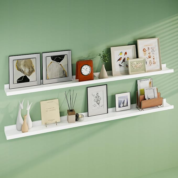 Floating Picture Ledge Shelves 72 Inch Solid Oak Wood Set of 2, Rustic Wall Storage Shelves with Lip, Kids Bookshelf, Photo & Picture Ledge Shelves for Bedroom, Living Room, Kitchen