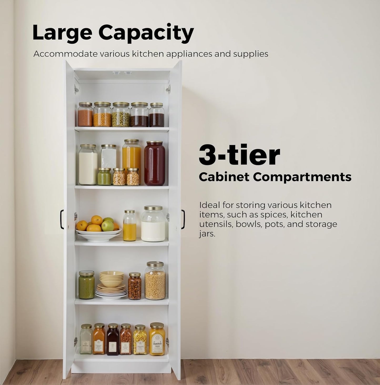 71" Tall Pantry Cabinet/Storage Cabinet, Wood Cupboard with 2 Door and 3 Adjustable Shelves for Kitchen, Dining Room, Living Room, Bathroom (Style 2)