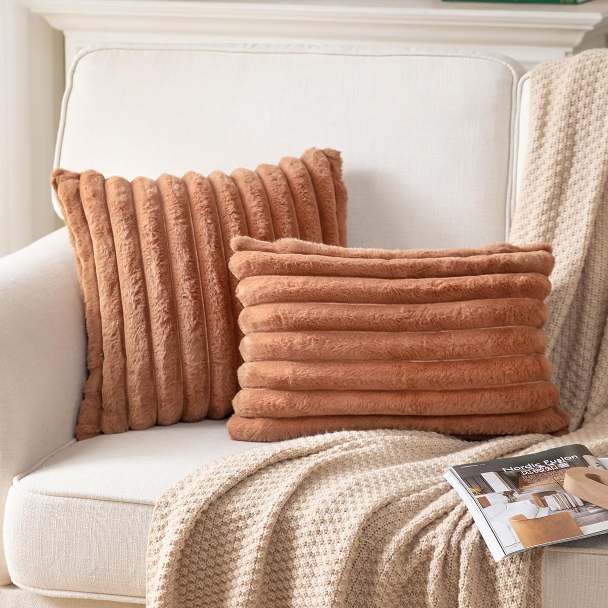 DEELAND Pack of 2,Double-Sided Faux Fur Plush Decorative Throw Pillow Covers Fuzzy Striped Soft Pillowcase Cushion Covers for Sofa Couch Bedroom Brown 12x20 inch