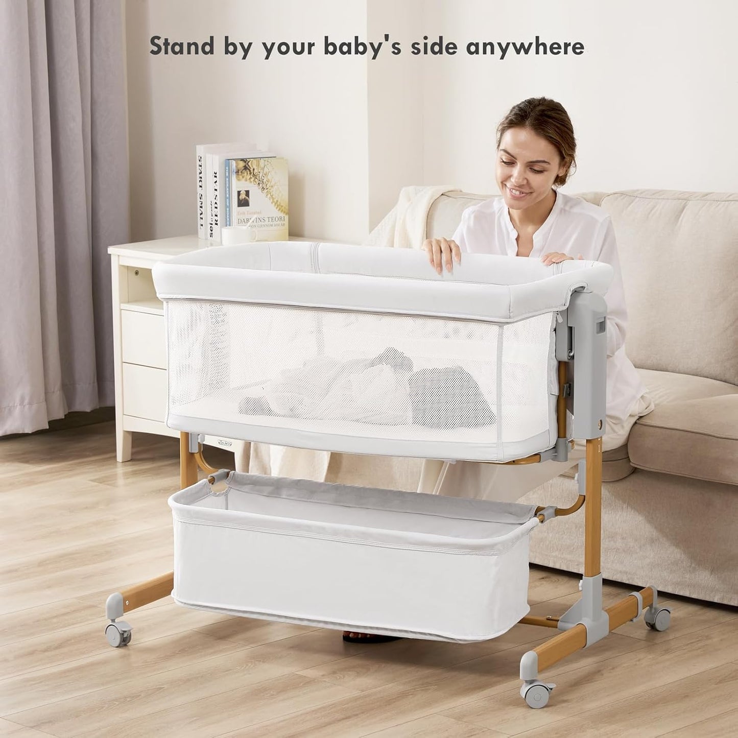 Baby Bassinet Bedside Sleeper, 3-in-1 Rocking Bassinet for Baby with 6-Level Height Adjustable, 4 Wheels & Breathable Mesh Walls, Portable Bedside Bassinet with Mattress for Newborn