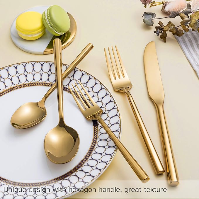 Gold Silverware Set Flatware Set Stainless Steel Cutlery Set Hexagon Handle Home Kitchen Daily Use 30 Pieces Service for 6