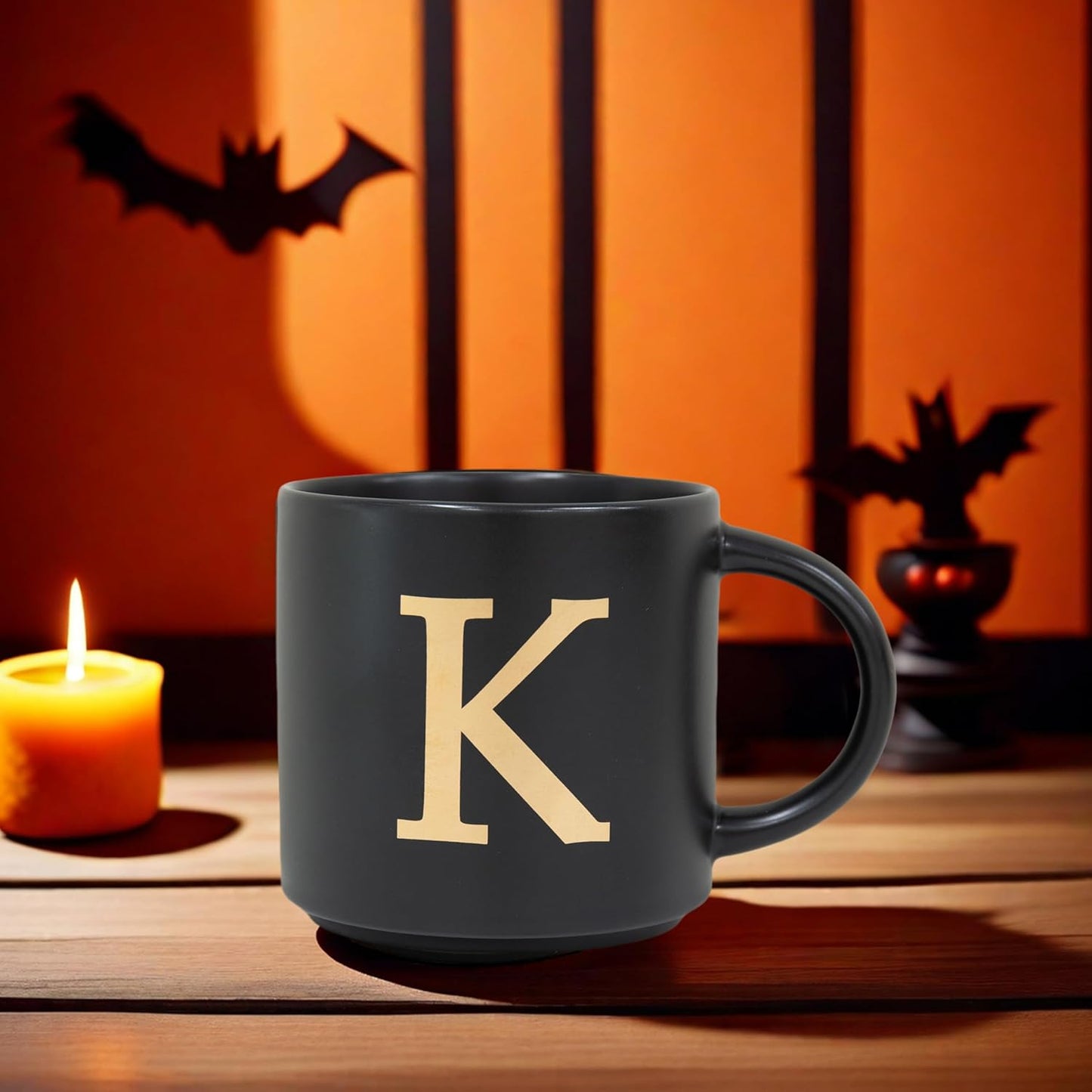 COLLECTIVE HOME - Monogram Ceramic Mugs, 15 oz Golden Initial Black Coffee Cups, Elegant Alphabet Tea Mugs, Elegant Personalized Mug with Gift Box, Unique Mug with Double Side Capital Lette (K)