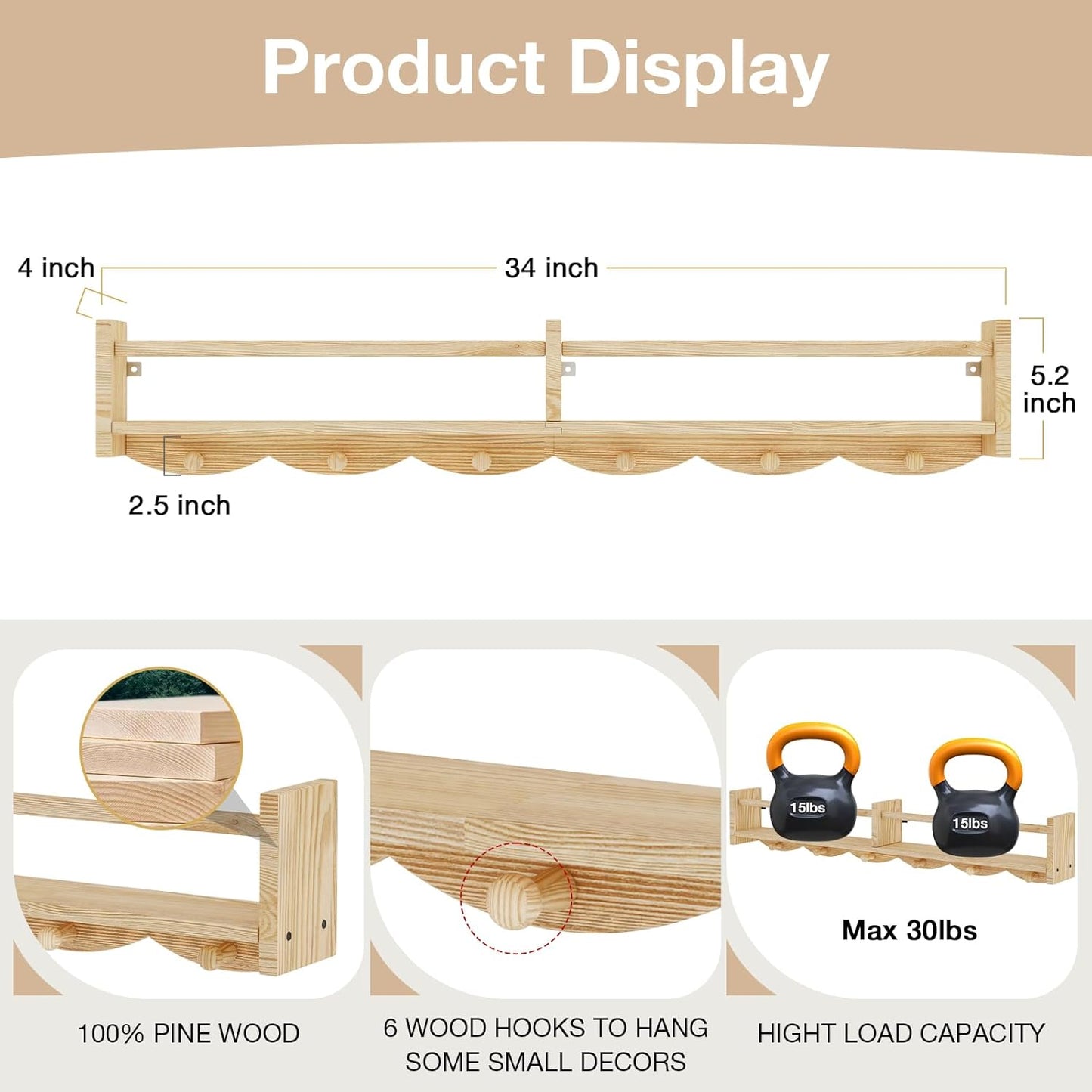 34Inch Nursery Bookshelves,Set of 4,Wall Floating Shelf Kids Coat Rack with 6Hooks,Hanging Book Shelf for Baby Nursery Room Décor， Patent Number: 29958098(Burlywood, 34)