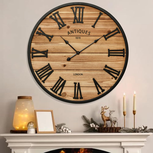 30 Inch Farmhouse Wall Clock - Large Rustic Wood, Silent Sweep, Battery Operated for Living Room Kitchen Office, Brown