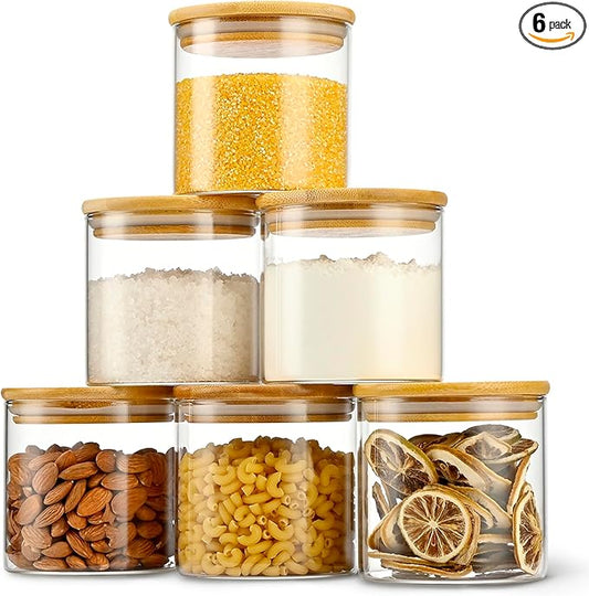 22oz Straight cylindrical Airtight Storage Jars with Bamboo Lid Set of 6 Storage Container Stackable Spice Jar, Kitchen Canister for Sugar, Tea, Cookies and Coffee beans (with Black Lable)