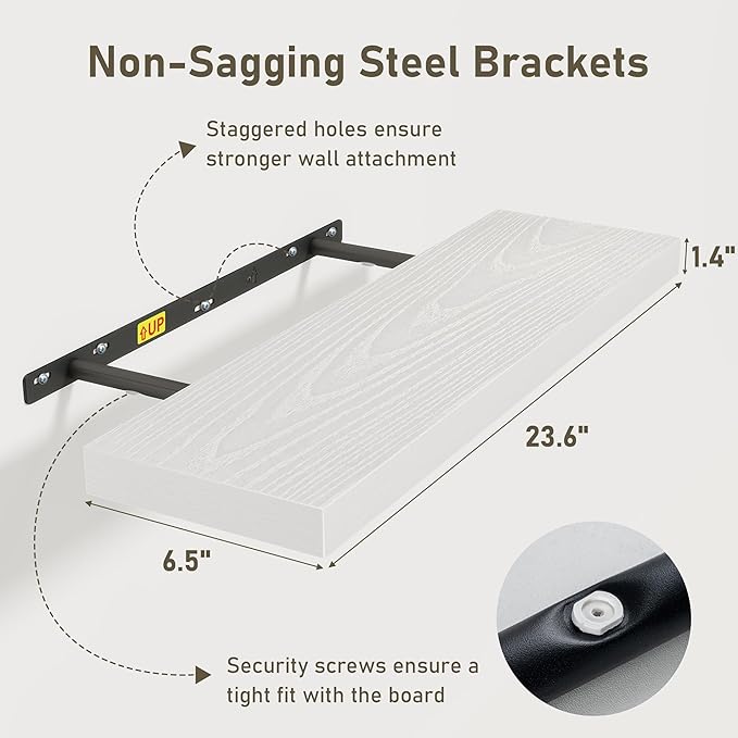 Fun Memories White Floating Shelves Wall Shelf 24 Inch Long, Rustic Bathroom Shelves, Wall Mounted Wood Floating Shelf for Kitchen, Living Room, Bedroom, 24 x 6.7 x 1.4 inch Set of 3