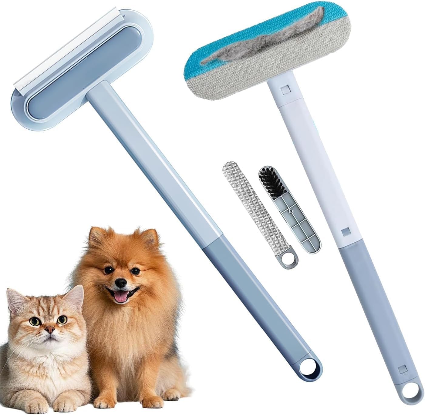2 PCS Pet Hair Remover for Furniture,4 in 1 Reusable Lint Brush with 17-Inch Handle, Washable Tool for Dog and Cat Hair on Couches, Carpets, Clothes, Bedding, and Cars