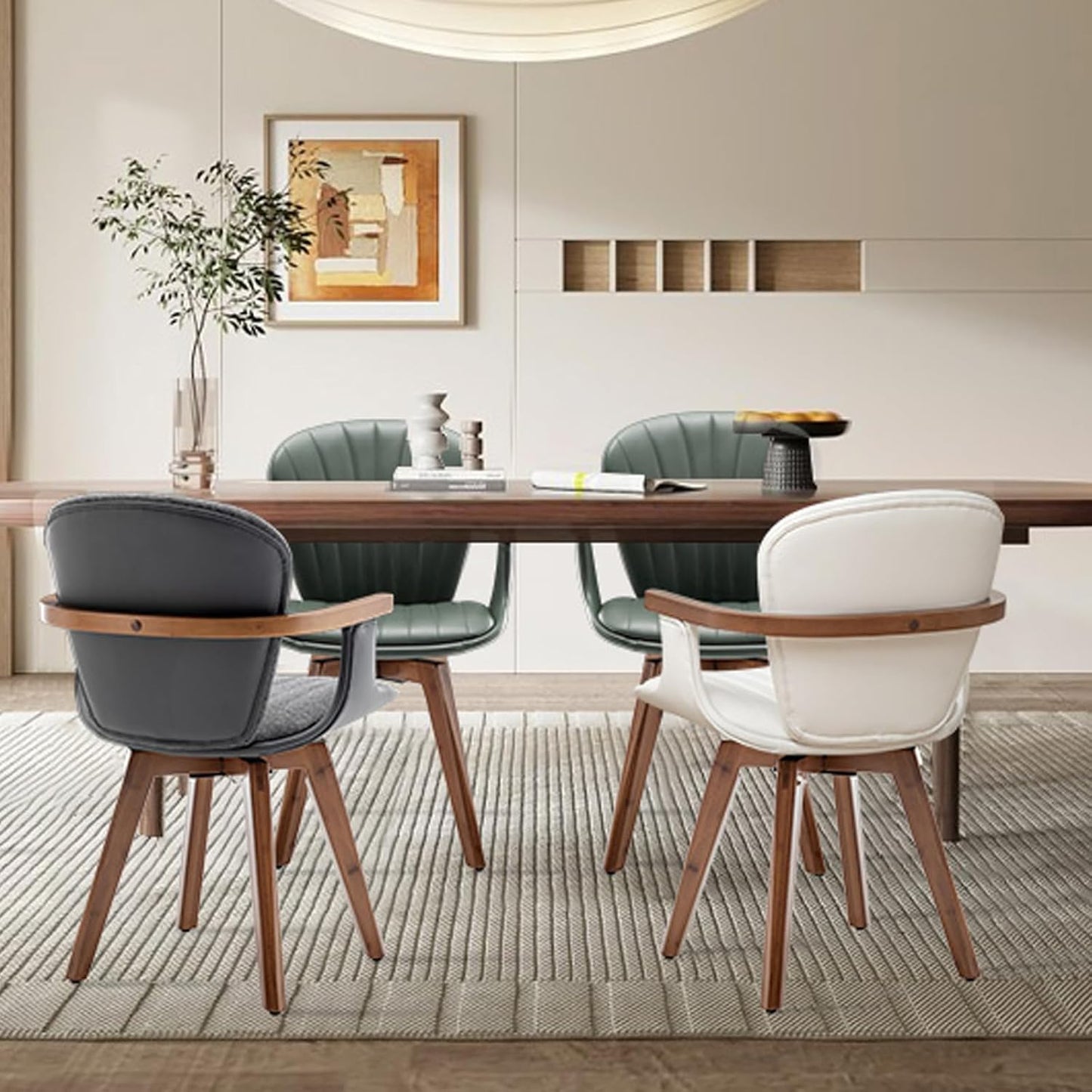 LUNLING Swivel Dining Chairs Set of 4, Mid Century Modern Black Faux Leather Kitchen Chairs with Arms,Bamboo Legs Side Chairs No Wheels,Accent Chair for Dining Rooms and Offices