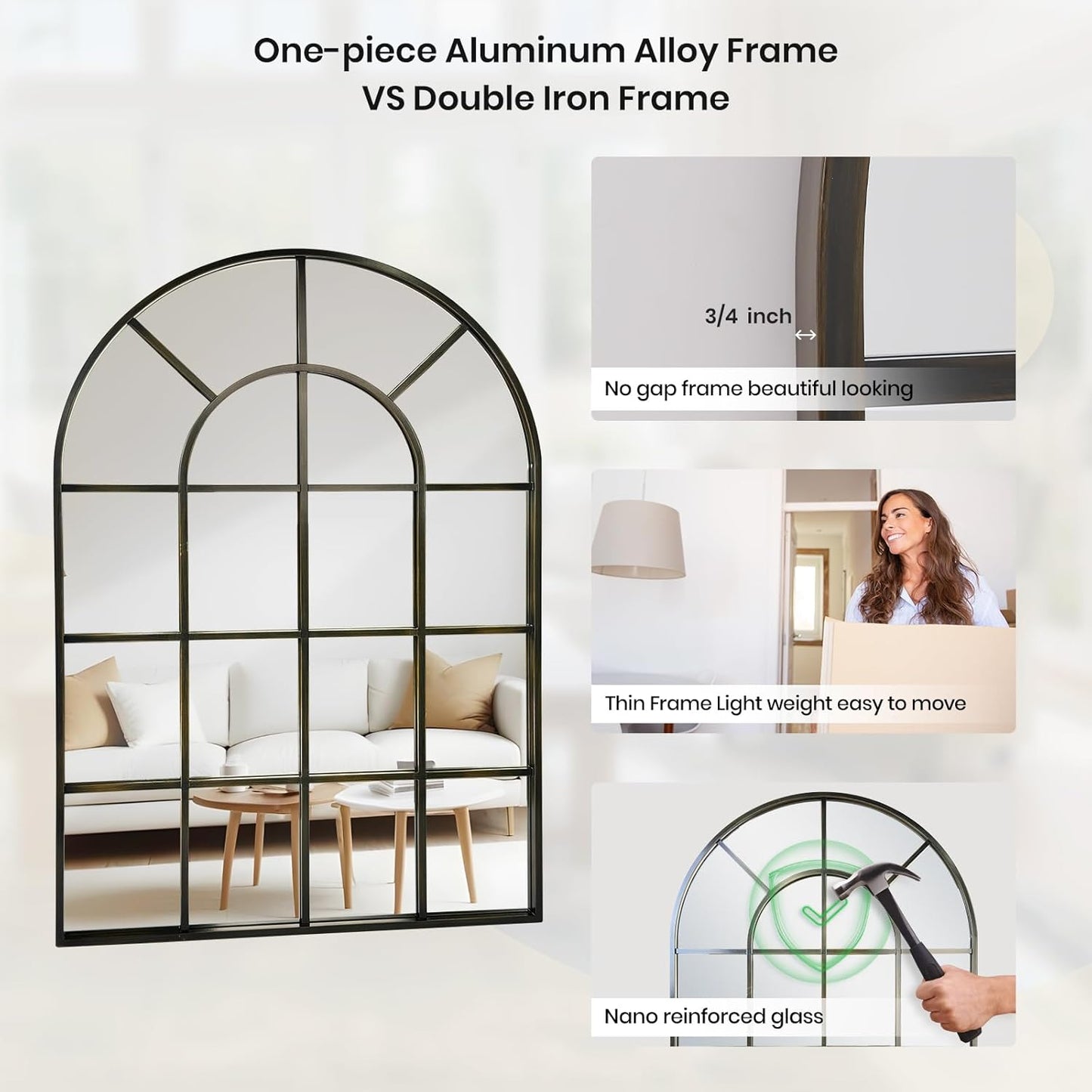 Arched Windowpane Wall Mirror 30"x48" Bronze Wall Mounted Art Pane Mirror Farmhouse Decorative Mirror Leaning Hanging Wall Mirror for Bedroom Living Room Entrance Hallway Wall Decor