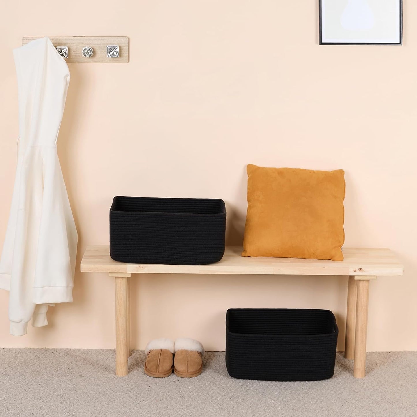 Large Storage Baskets for Organizing, Closet Shelf Baskets for Clothes Blanket Towels, Baby Nursery, Toy Bins Box, Woven Rope Baskets, 17 x 13 x 7.5”, 4 Packs Black