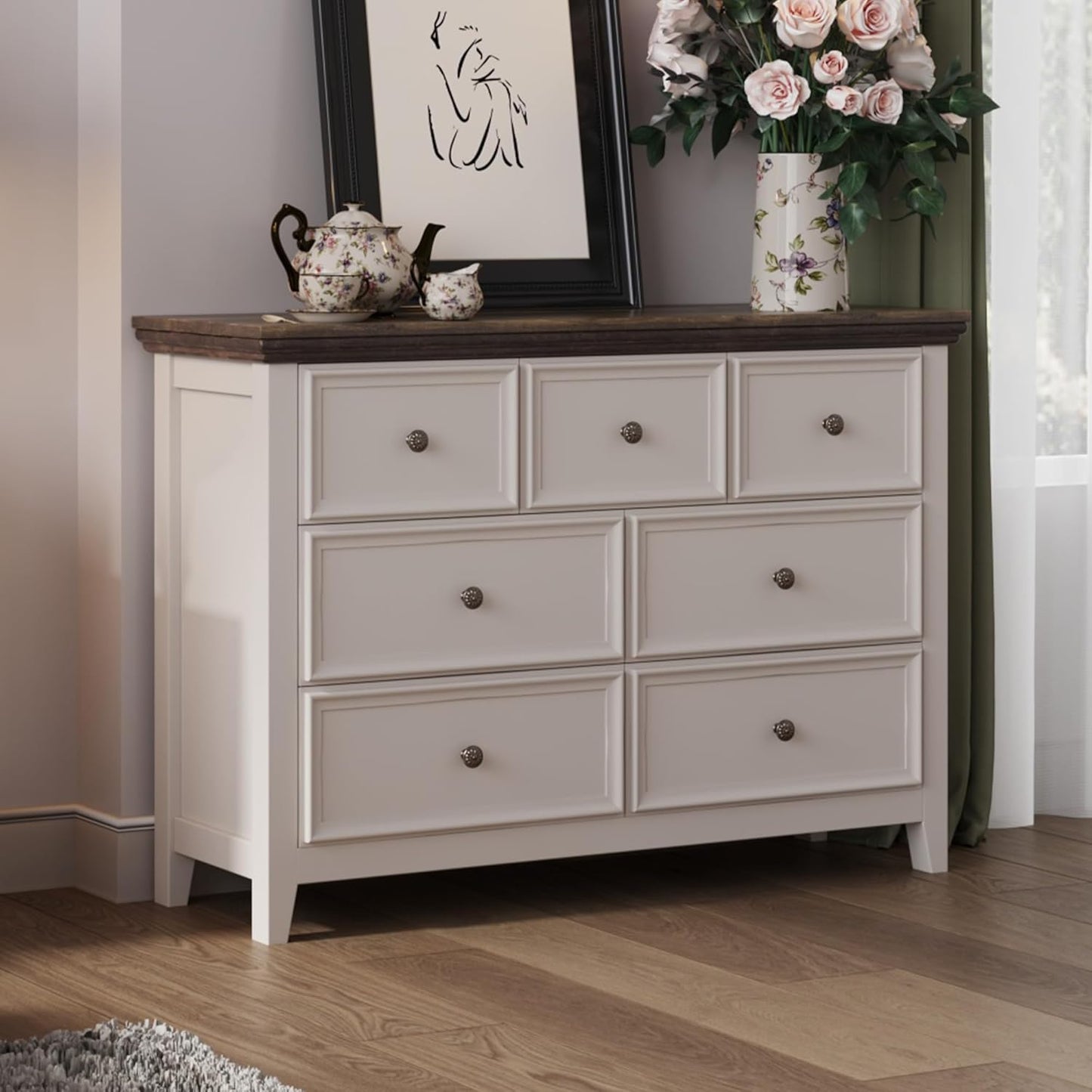 BLANKSPACE 7 Drawer Dresser, Modern Farmhouse Dresser Chest of Drawer for Bedroom, Chest of Drawers Storage Cabinet for Living Room, Entryway, Hallway, Antique White