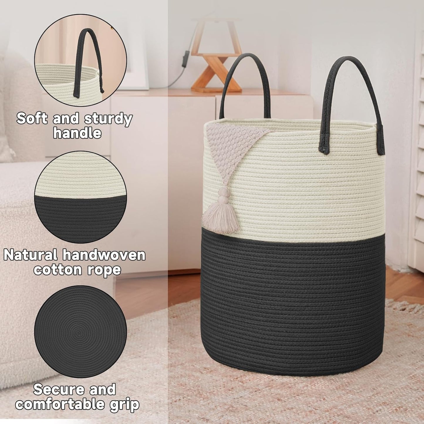 Large Woven Laundry Basket Hamper,80L Cotton Rope Storage Bin for Blankets,Toys and Clothes,Decorative Tall Nursery Hamper for Living Room,Baby Nursery,Bathroom and Bedroom,White and Black