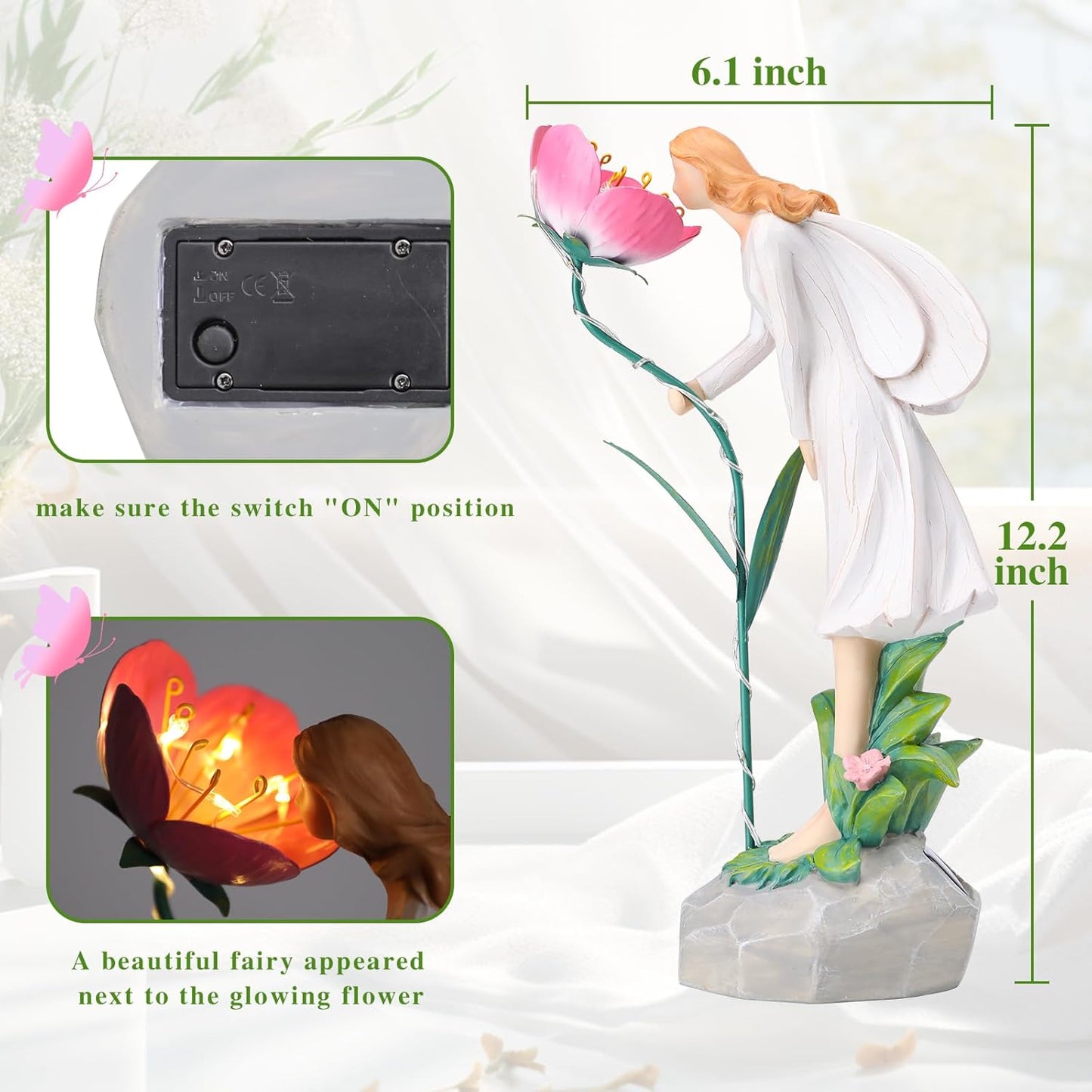 Fairy Garden Statue Outdoor Decor, Solar Powered Garden Sculptures Fairy Resin Statues Waterproof Pink Flower Solar LED Lights Yard Art Decorations for Outside Patio Lawn Decor