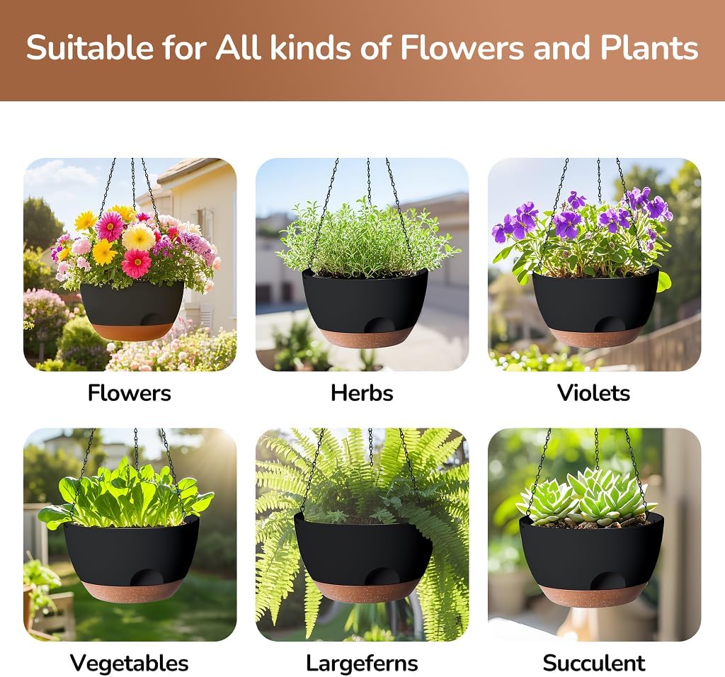 12 Inch Hanging Baskets for Plants Outdoor, Hanging Planters for Indoor Outdoor Plants, Hanging Planter with Self Watering, Hanging Flower Pots (Black)