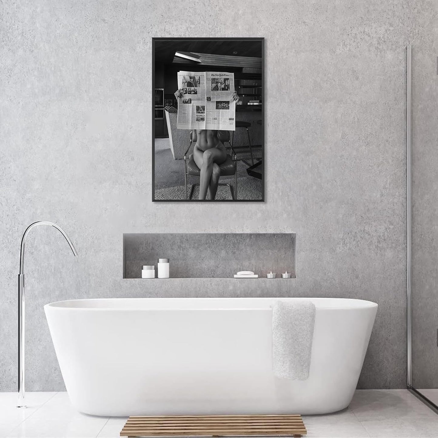 Sexy Glamorous Reader Poster Feminist Art Black and White Preppy Canvas wall art Retro Room Aesthetic Newspaper prints painting Trendy Naked Women Art wall decor 16x24in Framed