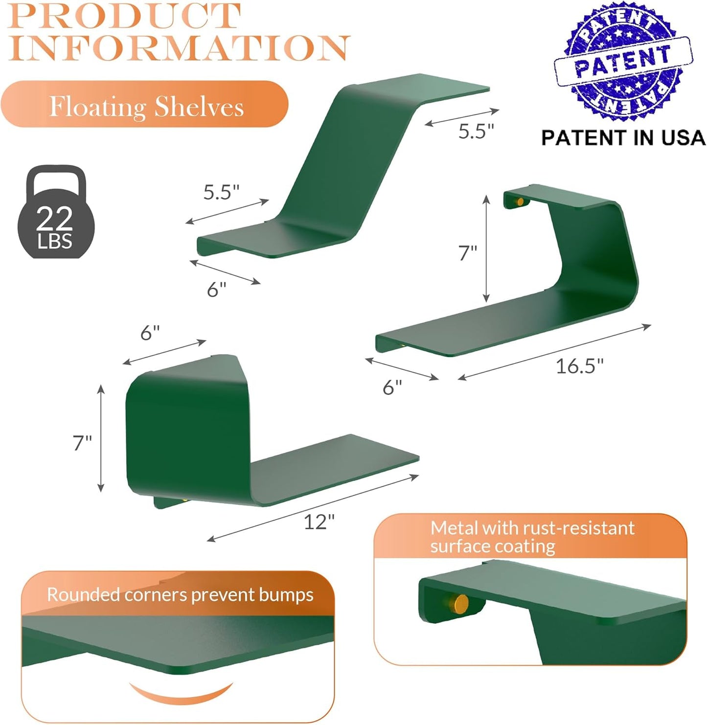 Floating Shelves, Wall Shelf, Set of 3 Wall Mounted Metal Shelves with Unique Design for Wall Storage, Book Shelf, Display Shelves for Bathroom Bedroom Kitchen Living Room for Home Green