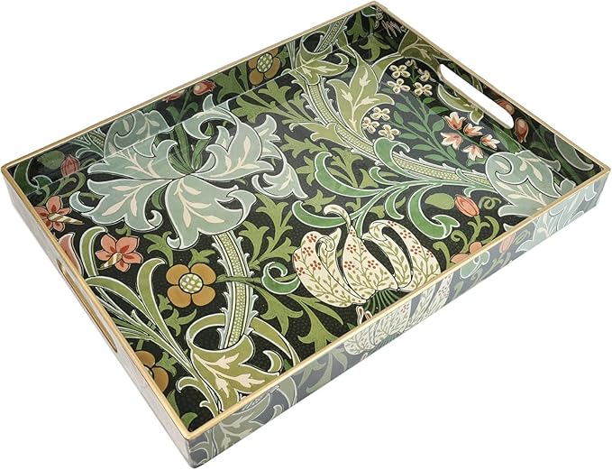 Spsyrine Serving Tray with Handles, Plastic Decorative Tray for Coffee Table, Living Room, Home Decor, Golden Lily