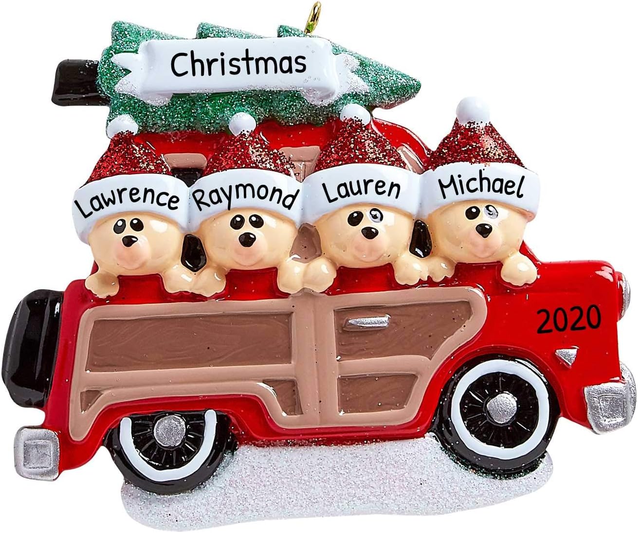 3D Road Trip Bears Family of 4 Ornament 2025 Personalized Family Christmas Ornaments 2025 | Snowy Tree Red Truck Personalized Tree Ornaments for Grandchildren, Siblings & Grandkids of Four Ornament