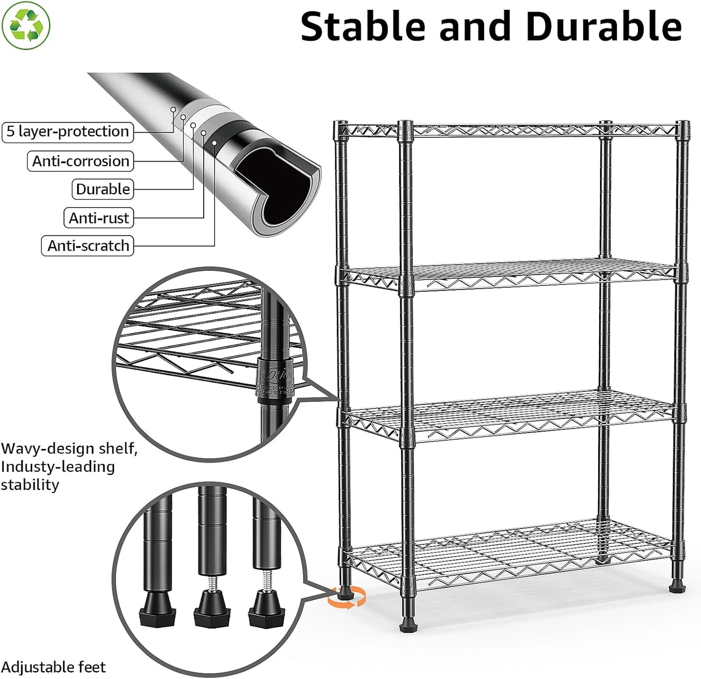 1000 lbs Storage Shelving Steel Heavy Duty 4-Tier Utility Shelving Unit Steel Organizer Wire Rack for Home,Kitchen,Office,Black (13.7" D x 23.6" W x 53.4" H)