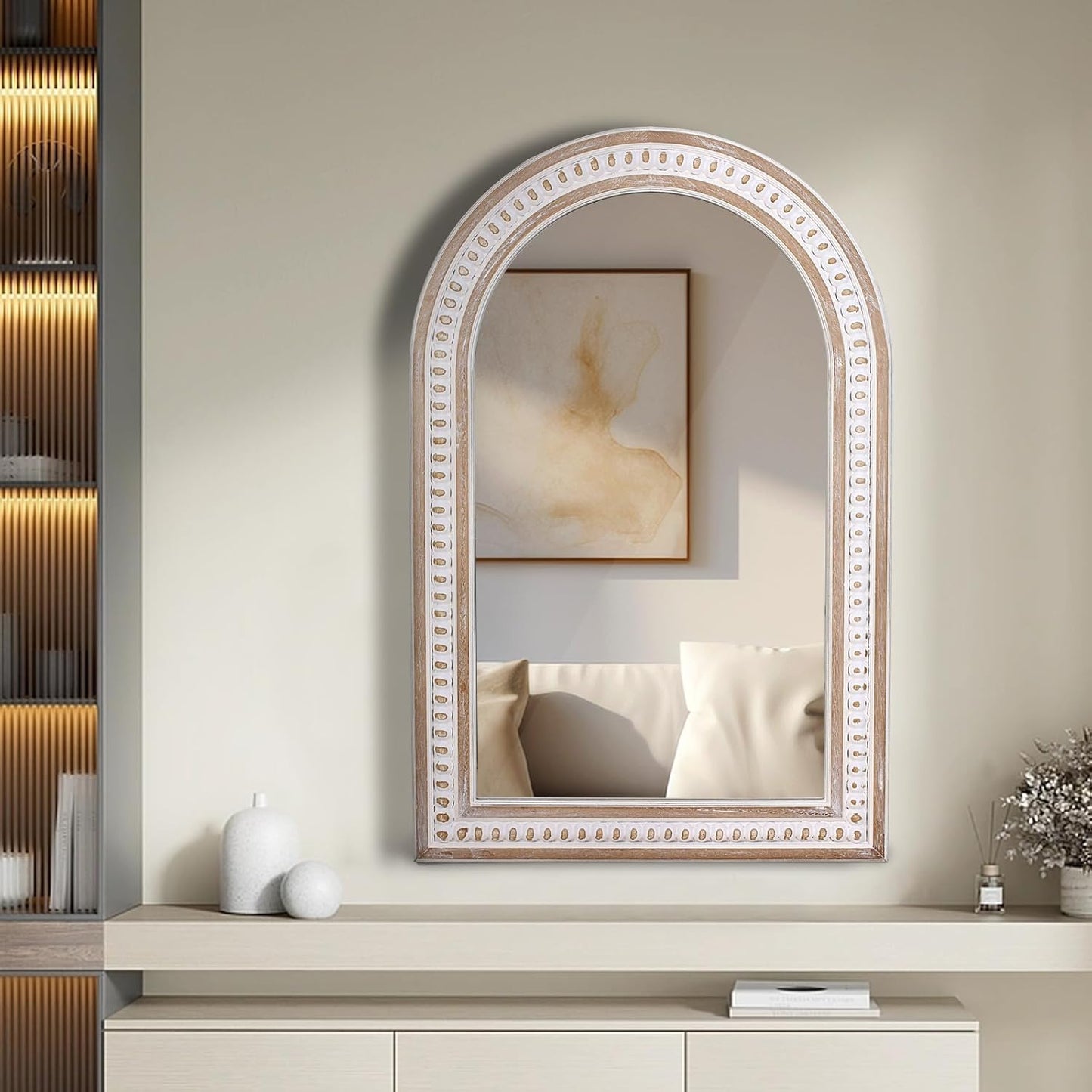 36x24 Inches Boho Wooden Arched Wall Mirror with Beaded, Rustic Farmhouse Decorative Arch Mirrors for Bathroom Vanity, Living Room, Entryway, or Foyer