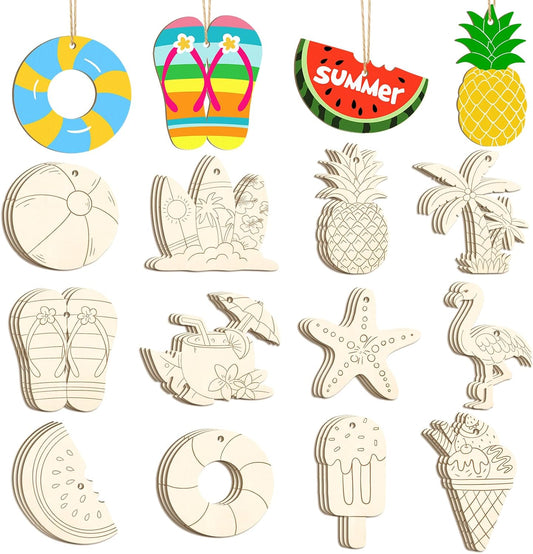 36PCS Wooden Summer Ornaments to Paint, 12 Styles DIY Blank Unfinished Wood Beach Cutouts Ornament for Crafts Hanging Decorations, Watermelon Surfboard Slippers Coconut Tree Home Decorations Gifts
