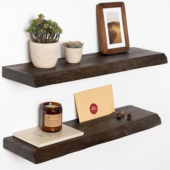 24" Floating Shelves, Live Edge Solid Elm Wood Floating Shelf, Wall Mounted Display Shelves with Heavy-Duty Bracket for Books, Rustic Wooden Shelf for Kitchen, Bathroom, Walnut Color, Set of 2