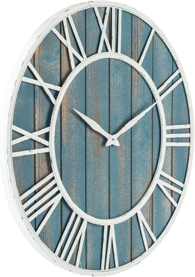 30" Coastal Wall Clock - Metal & Solid Wood Noiseless Weathered Beach Blue Wall Clock