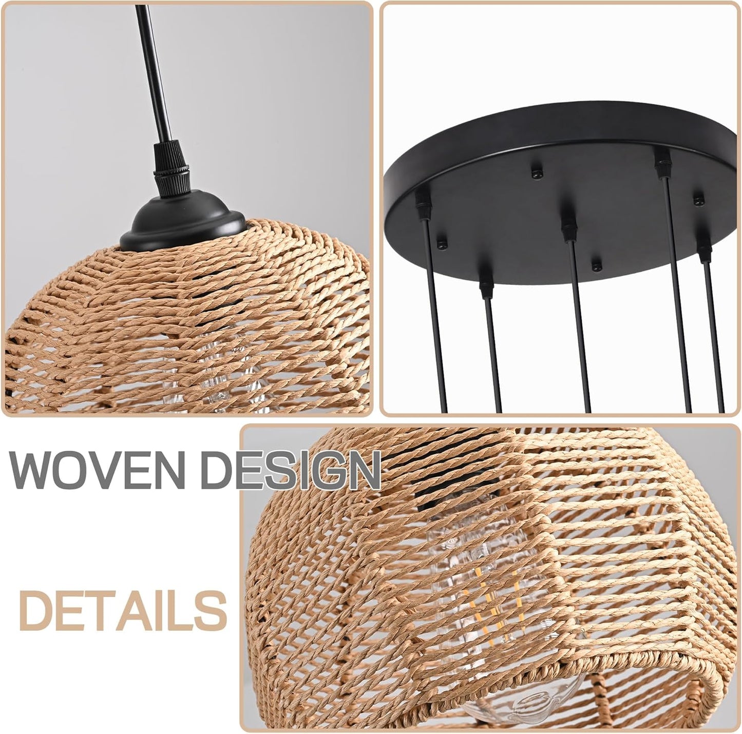 5-Light Woven Foyer Chandeliers for High Ceiling,5 Dome Boho Rattan Pendant Light Farmhouse Wicker Ceiling Light,rustic Hemp rope Light Fixture For Living Room Hallway Staircase Entryway(Bulb Incl.