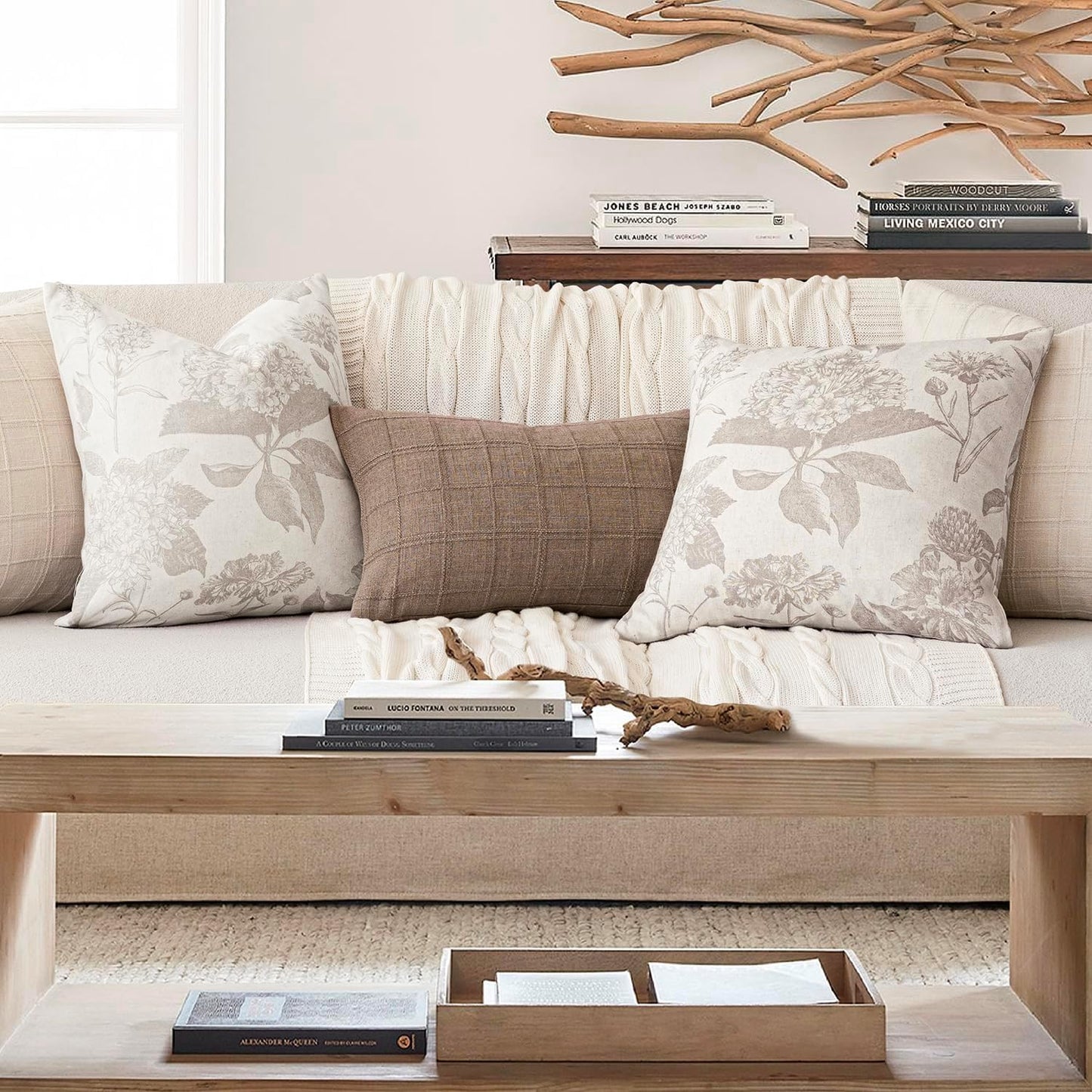 Foindtower Set of 2 Linen Floral Vintage Throw Pillow Covers Neutral Accent Decorative Cushion Covers Farmhouse Boho Home Decor for Sofa Chair Couch Bedroom Living Room Outdoor,24×24 Inch,Tan Beige