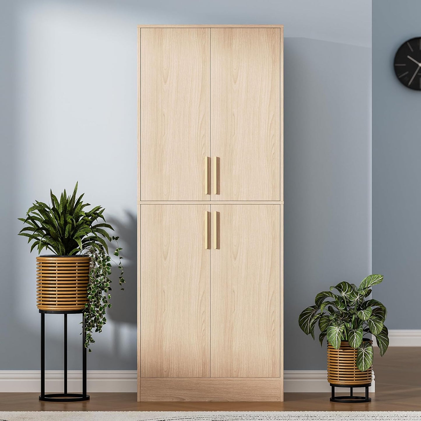 71" Tall Pantry Cabinet with 4 Doors, Kitchen Pantry Storage Cabinet, Freestanding Larder Cupboard, Utility Kitchen Hutch with Gold Handles for Dining Room, Bathroom, Oak