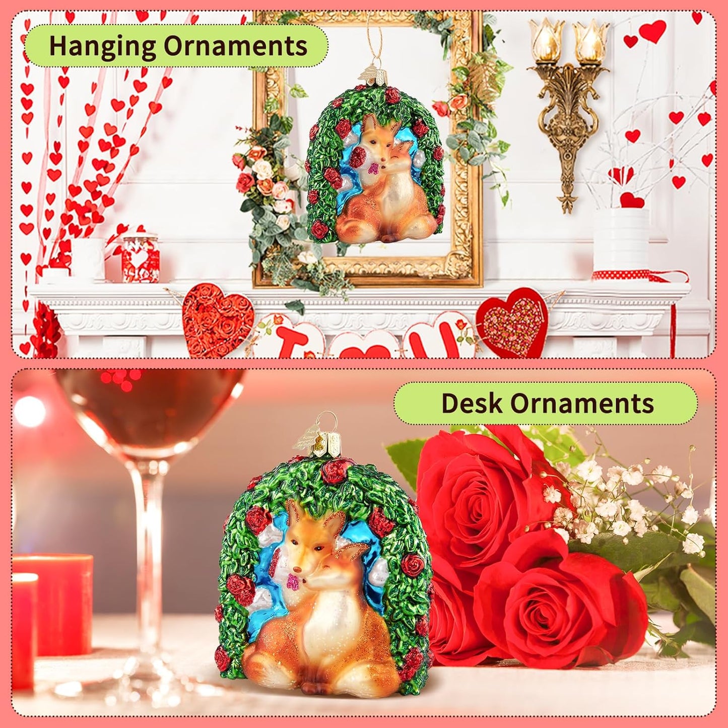 Fox Love Christmas Tree Ornaments,Hand-Blown Glass Ornaments,Fox Soulmate Collection Hanging Ornament,Wedding Ornament for Valentine's Day Anniversary Animal Lovers Party Gifts