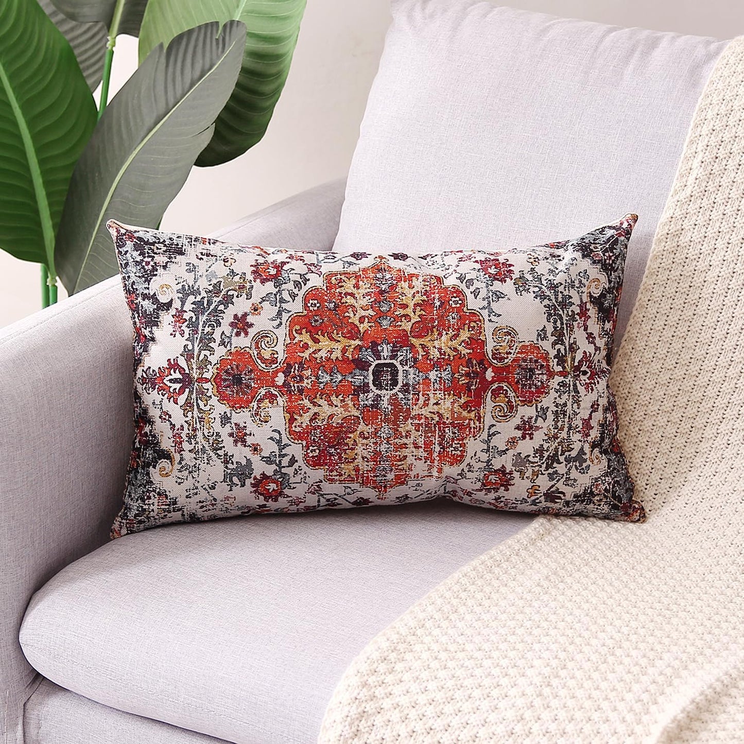 Outdoor Waterproof Pillow Set of 2 - 12X20 Inch Bohemian Vintage Carpet Pattern, Blue & Burnt Orange, Ethnic Design, Decorative Farmhouse Pillow Covers for Couch, Garden, Balcony