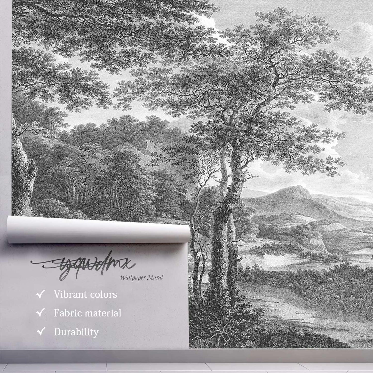 -Vintage Forest Fabric Wallpaper Grey Tree Mural Living Room 100" x 65" (Not Peel and Stick)