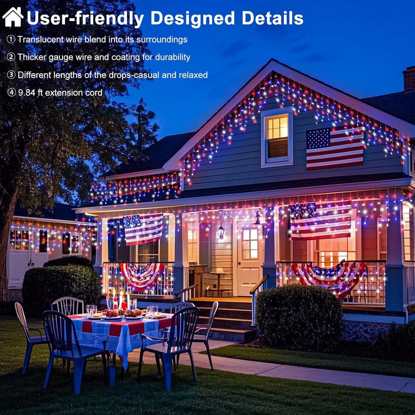 33ft 400LED Red White and Blue Lights for 4th of July Decorations Outdoor Independence Day Decorations Icicle Light for Outside, Clear Wire Connectable Twinkle Light for House Party Holiday Patio Yard