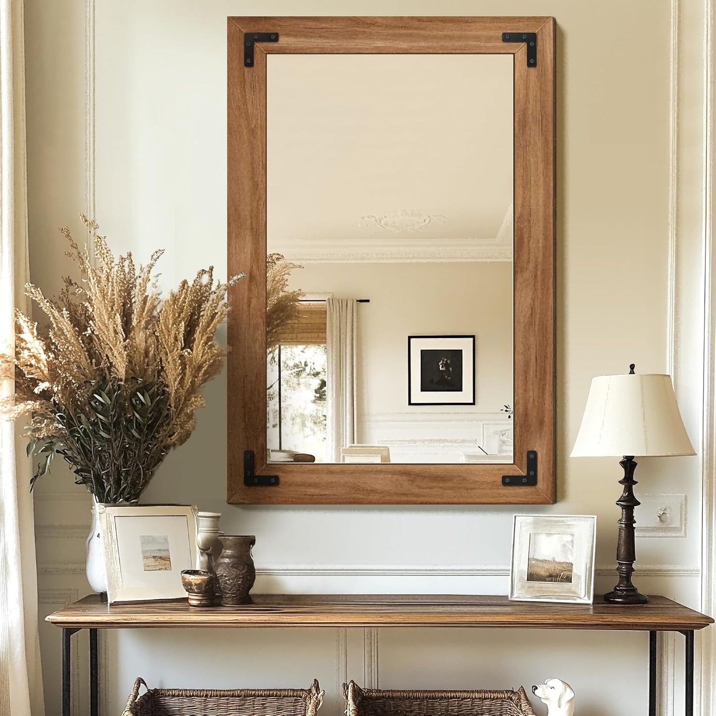 Bathroom Mirror for Wall with Wooden Frame, 20"x28" Solid Wood Vanity Mirror for Farmhouse, Bathroom, Bedroom, Vertical or Horizontal Hanging