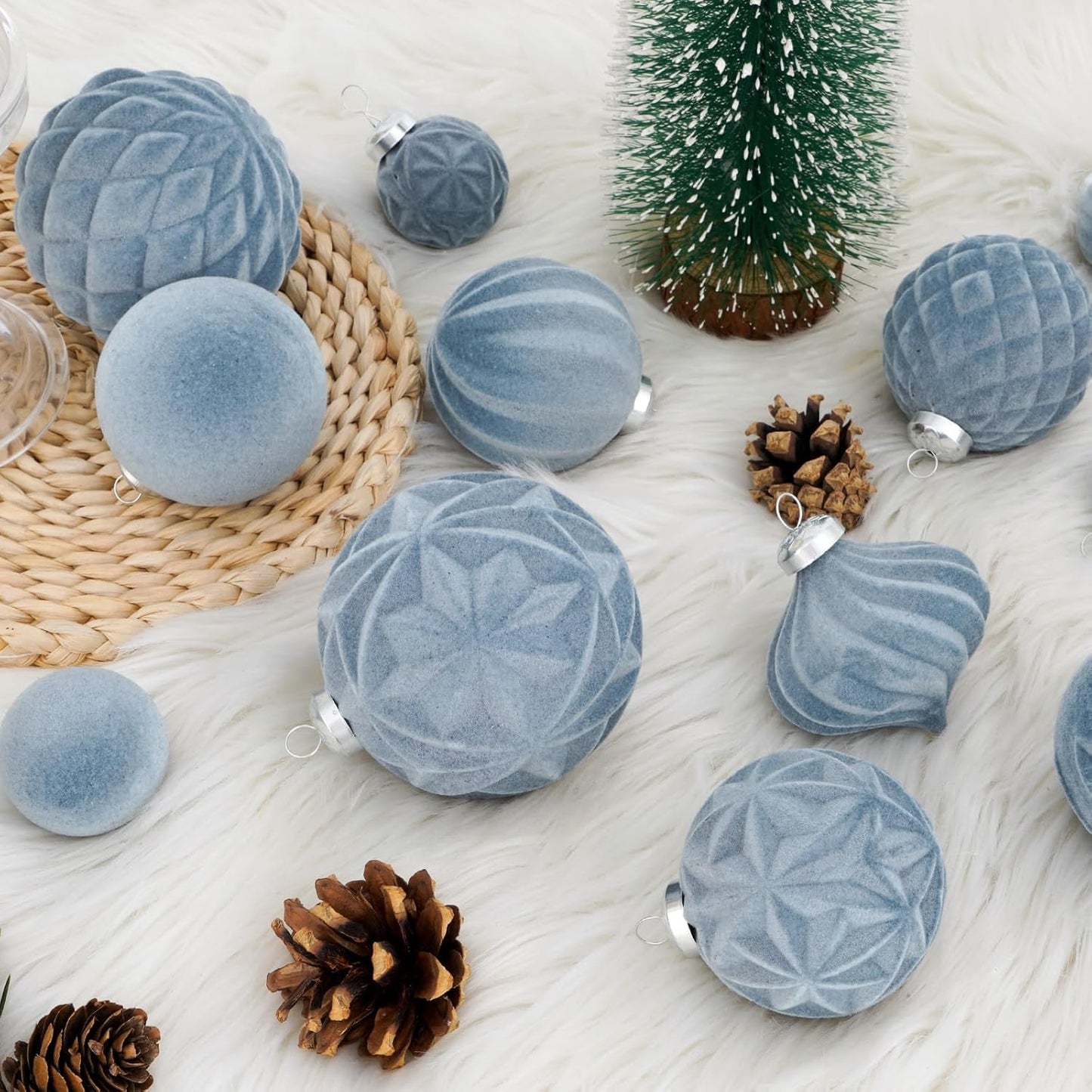 46PCS Velvet Christmas Ball Ornaments Set, Flocked Shatterproof Xmas Tree Decor, Assorted Hanging Ornaments with Loop for Holiday Home Decor, Christmas Tree, Mantel, Party Decoration (Gray Blue)