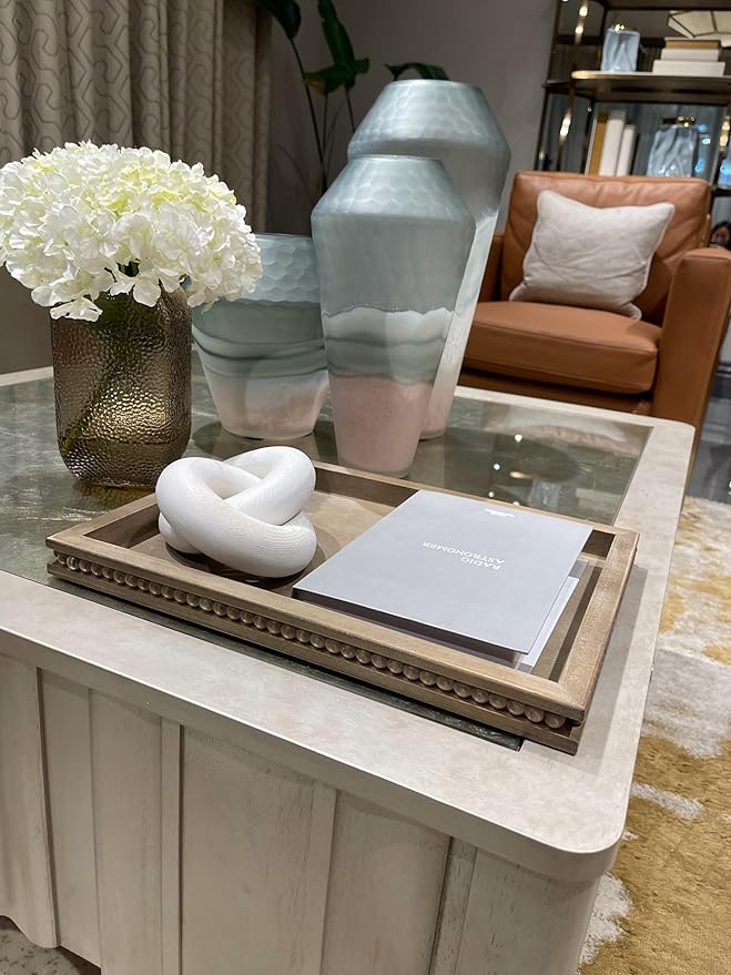 Wood Decorative Tray-Vitage Brown Washed Bead Tray for Coffee Table Wooden Serving Trays Ottoman Tray for Living Room Candle Holder Home Organizer Farmhouse Home Decor (Rectangular)