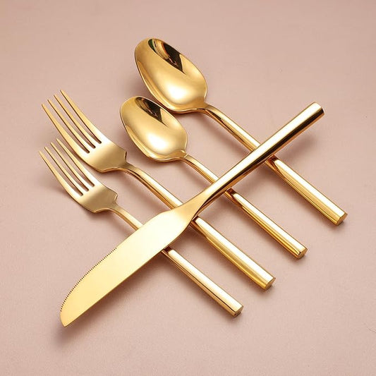 Mirror Silverware Set Gold Flatware Set with Hexagon Handle 20 Pieces 18/0 Stainless Steel Cutlery Set Wedding Housewarming Gift Service for 4 (Mirror gold)